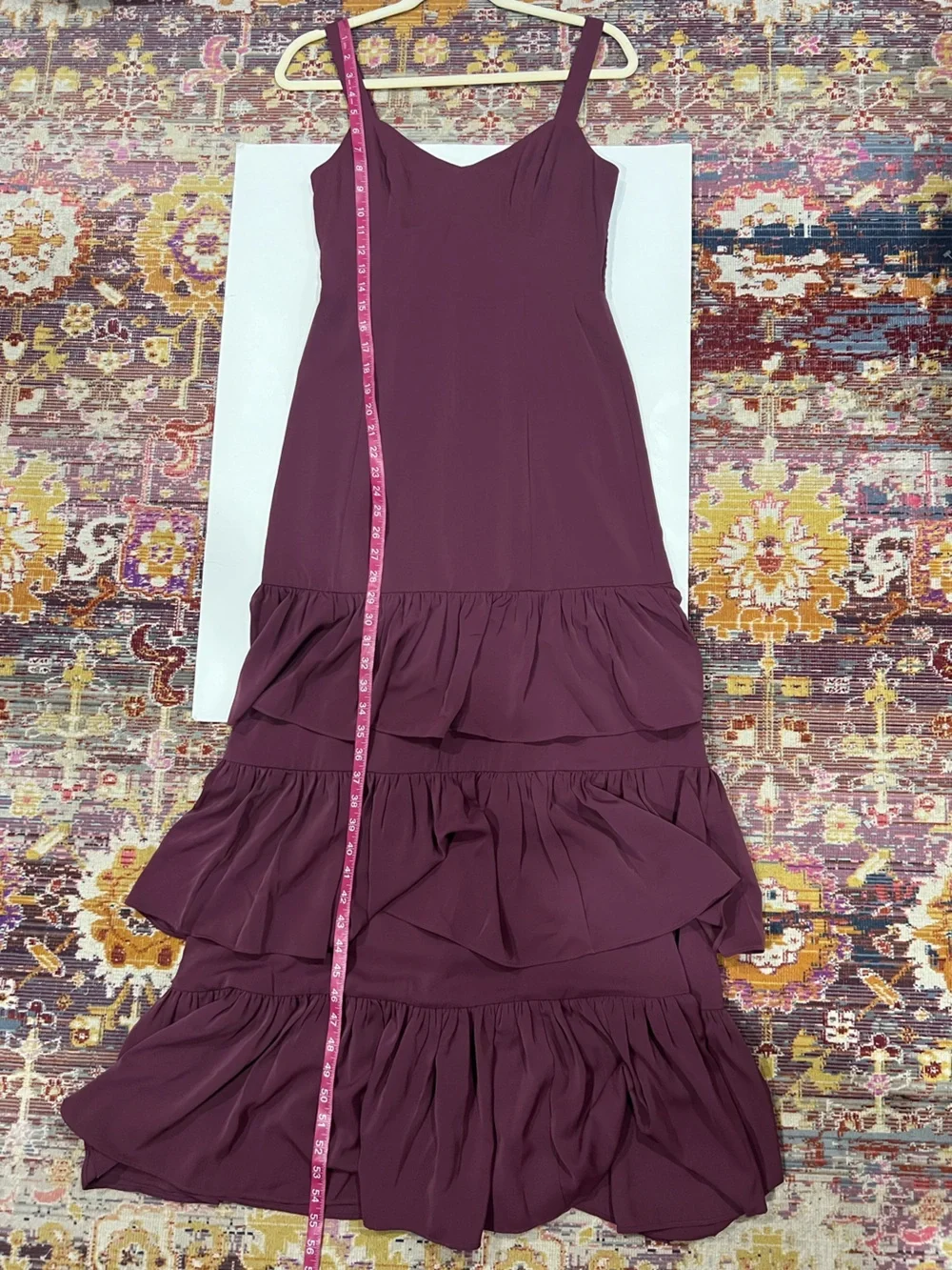 Abercrombie & Fitch Maroon Matte Satin Tiered Ruffle Maxi Dress